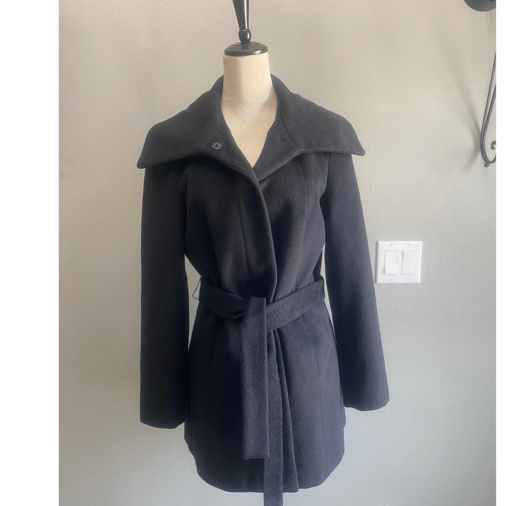 Calvin Klein Black‎ Wool Blend Belted Wrap Coat Portrait Collar Size 4
